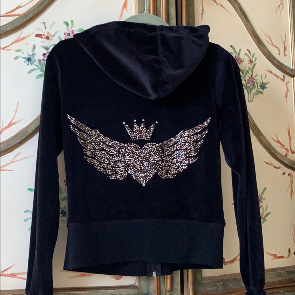 Aqua velvet hoodie with beaded wings/crown motif